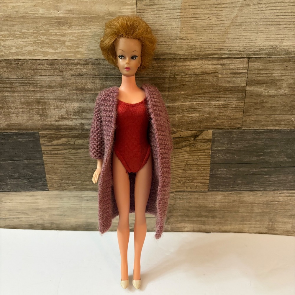 Vintage Barbie Midge Doll Titian Bubble Cut Red Swimsuit Mauve Knit Cardigan